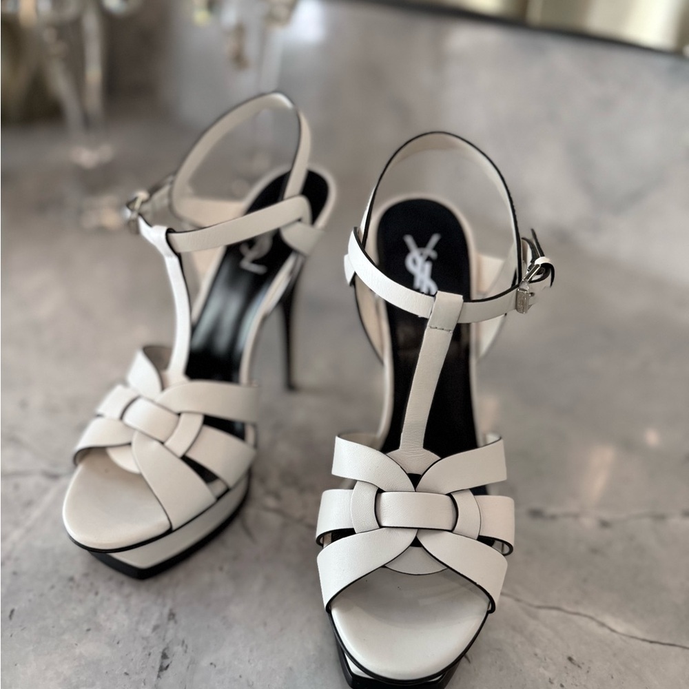 Yves Saint Laurent White Strappy Platform Heels